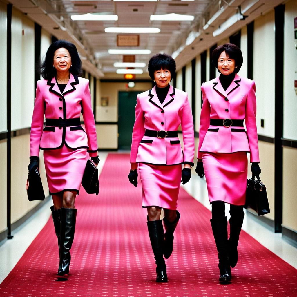 Women in Pink Suits Walking Down Hallway Photograph