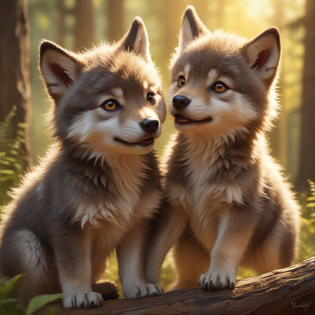 Playful Wolf Cubs in Sunlit Forest: Cartoon Digital Art