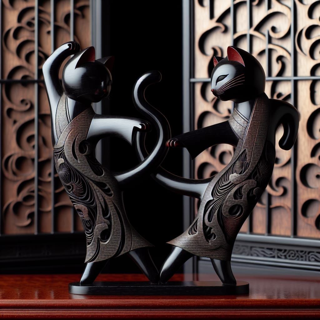 Dancing Black Ivory Cats in Netsuke-Katobori Style