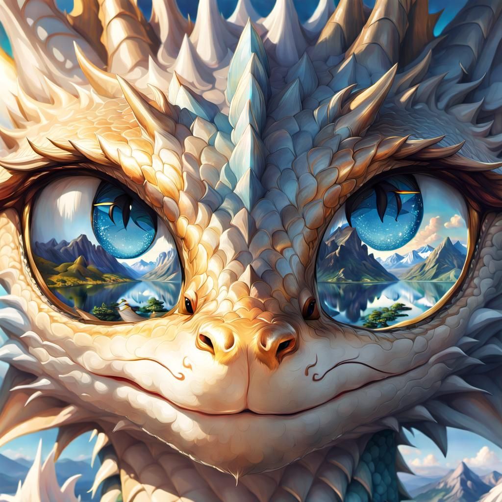 Mythical Dragon Portrait Reflecting Mountain Landscape