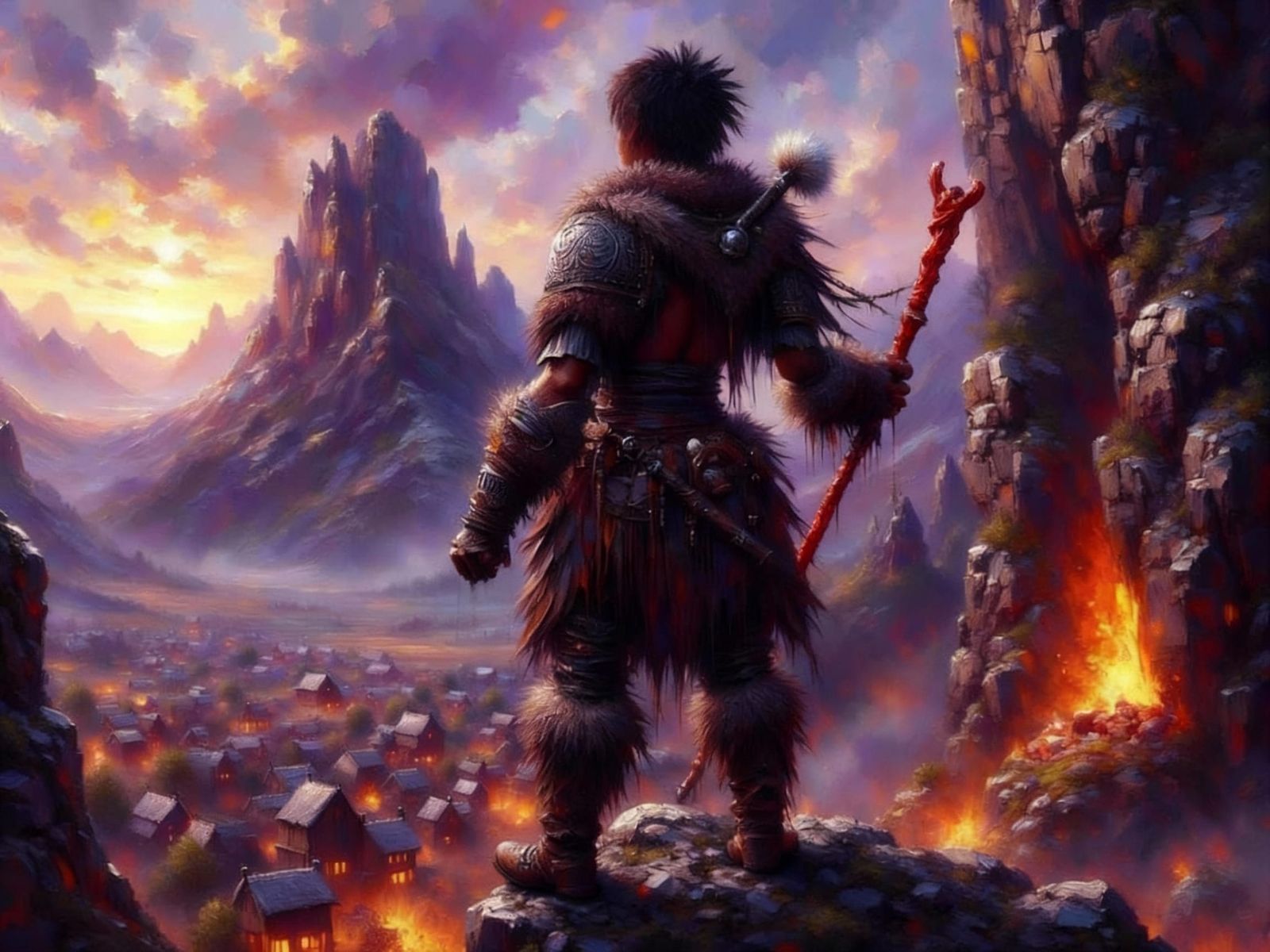 Giant Barbarian Warrior Overlooks Burning Village in Dark Fa...