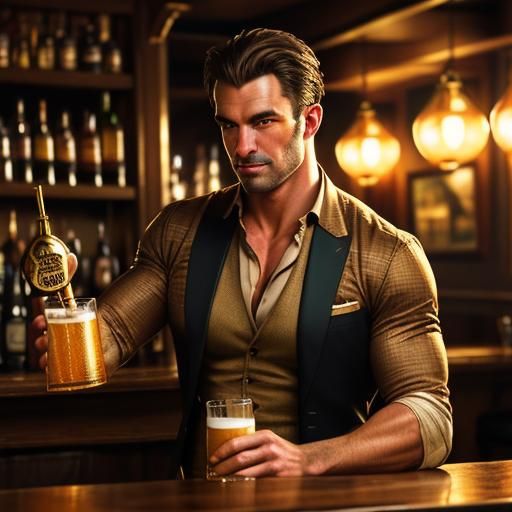 Handsome Bartender in British Pub, Romantic Realism