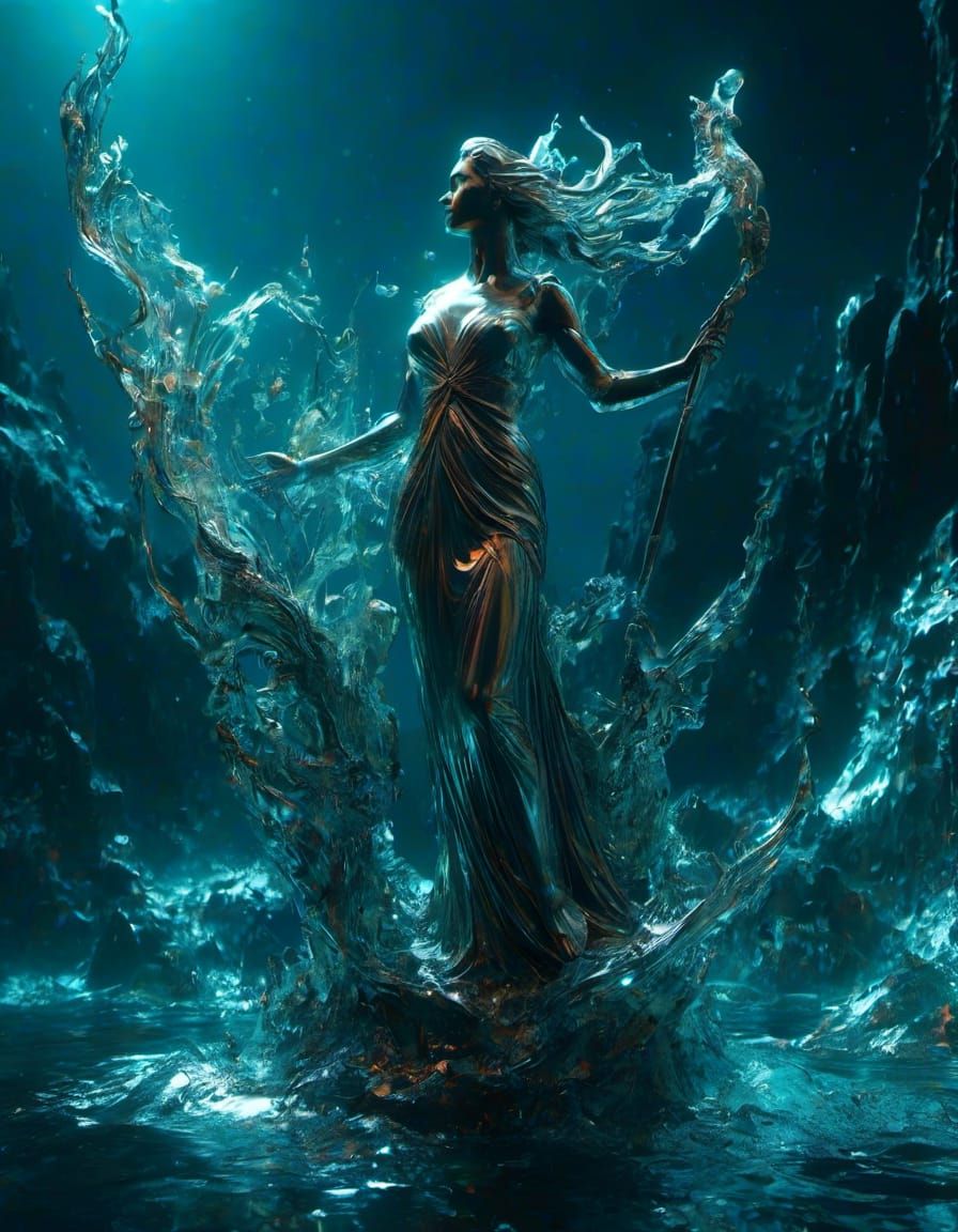 Ethereal Liquid Silver Goddess Rising from Sea