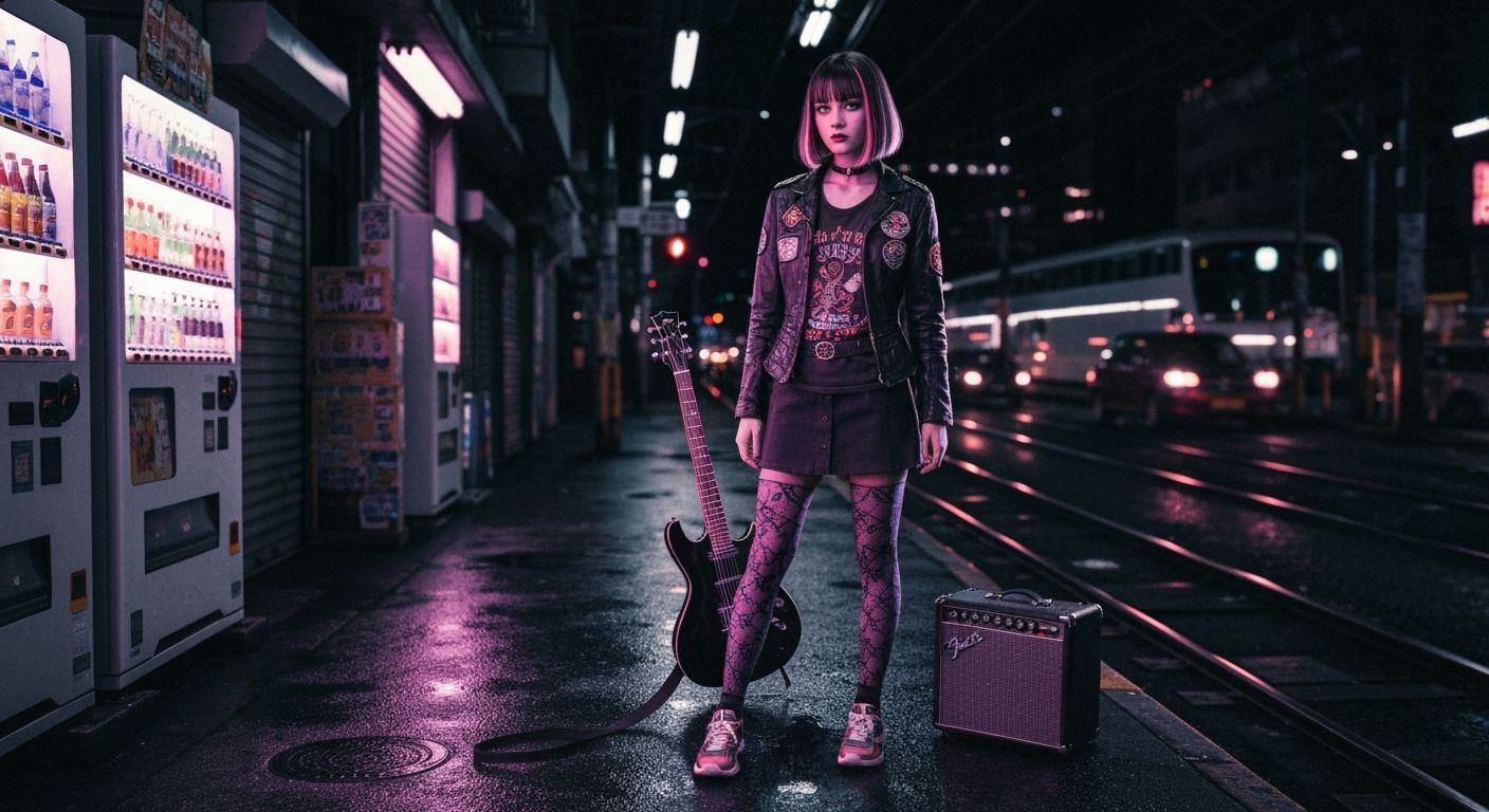 Cyberpunk Girl in Tokyo Alley with Electric Guitar