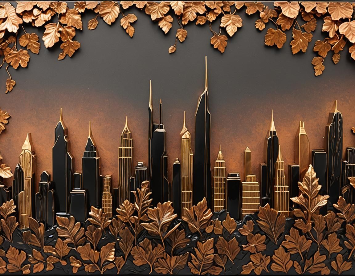Liquid Ceramic Copper Skyline Sculpture on Ebony Plinth