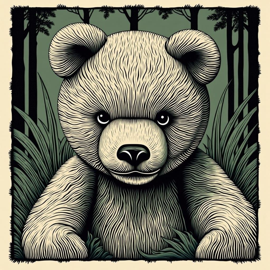 Stuffed Bear with Button Eye in Woodcut Style