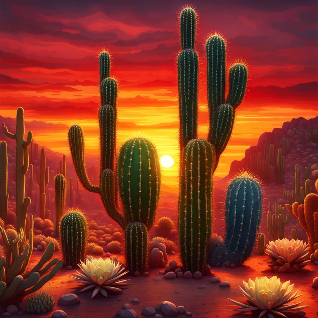 Cactus Sunset in Stained Glass Style