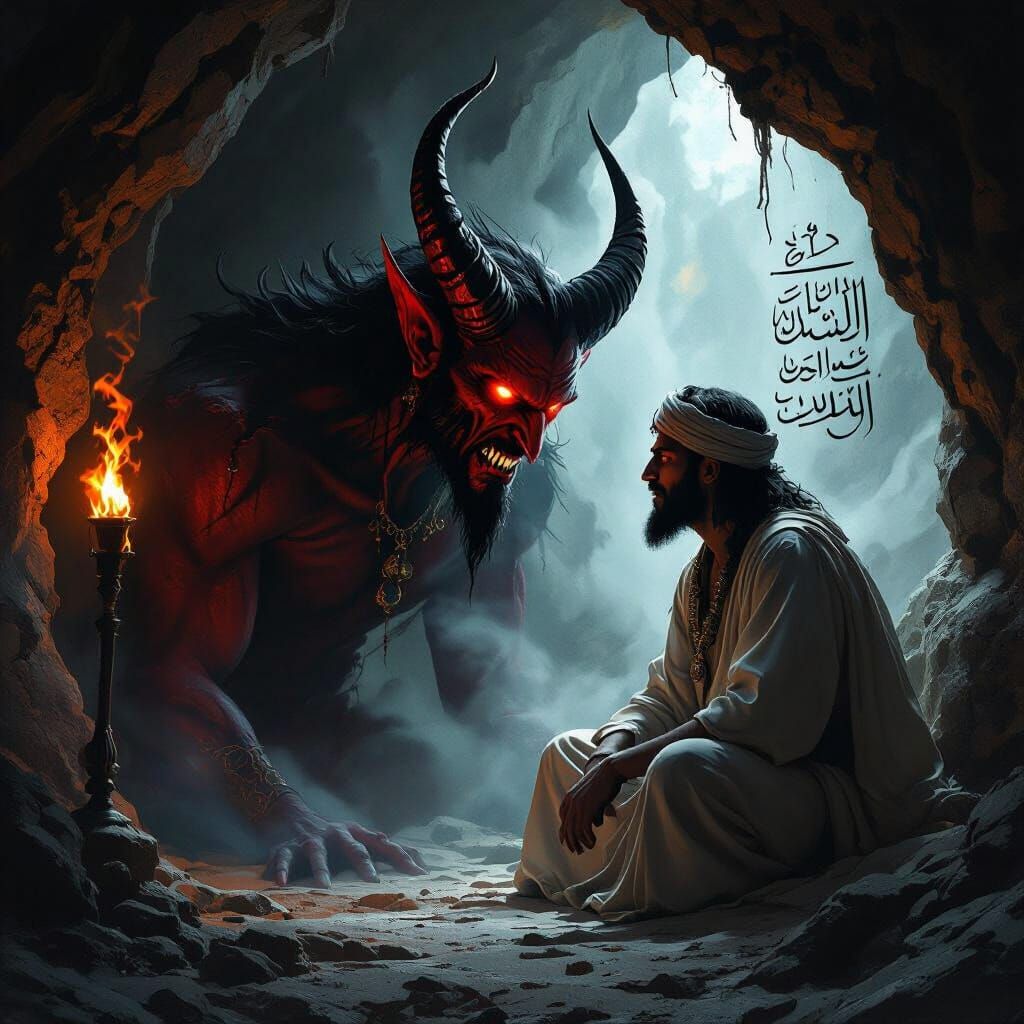 Dark Fantasy Devil Whispers to Man in Ancient Cave