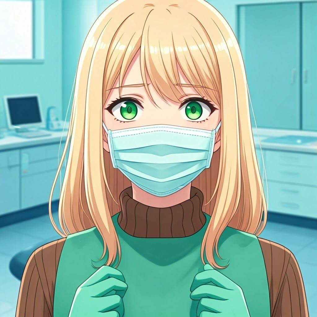 Scared Woman in Dentist Office: Vibrant Anime Art