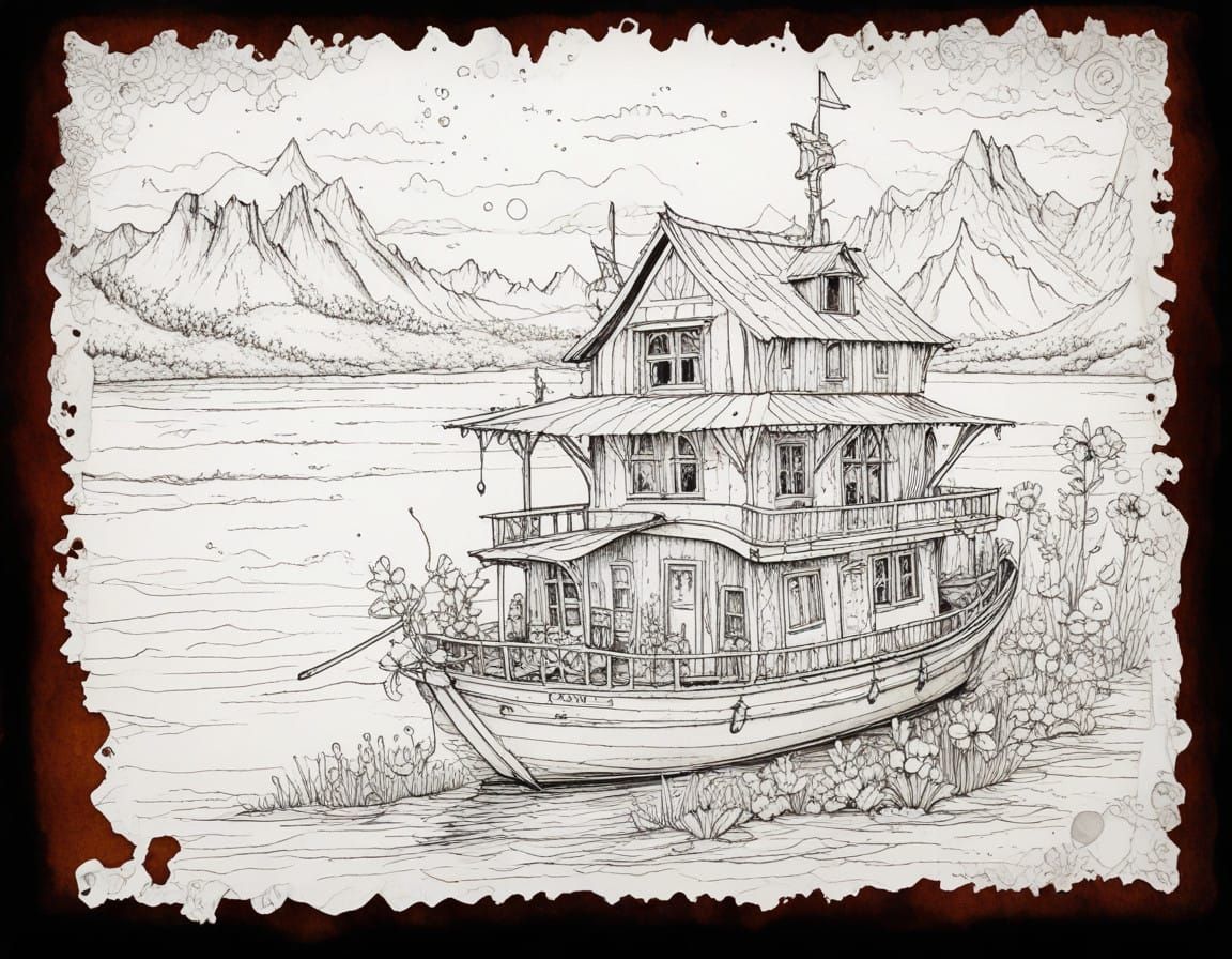 Surreal Houseboat Scene in Mixed Media