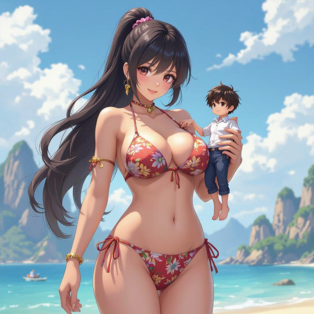 Giant Woman in Bikini Holds Tiny Man in Anime 3D Style