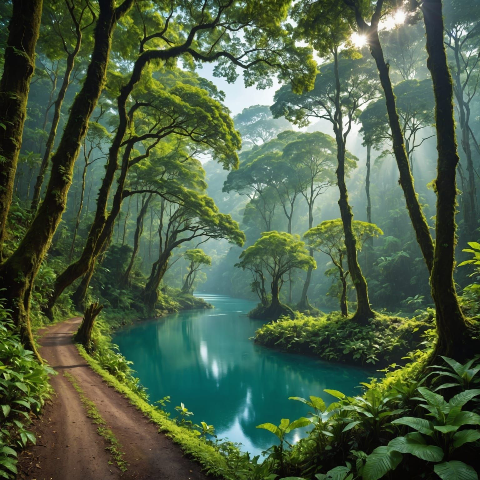 Rainforest Road to a Serene Blue Lake