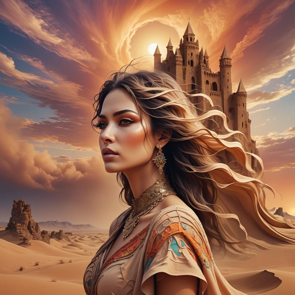 Sandstorm Woman in Desert Keep at Sunset