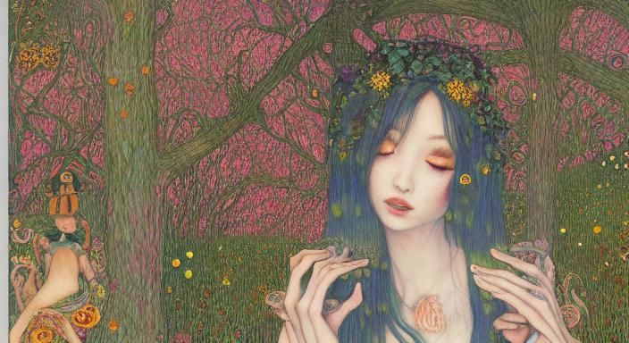 Sunset-Hybrid Woman in Magical Forest, Rich Colors