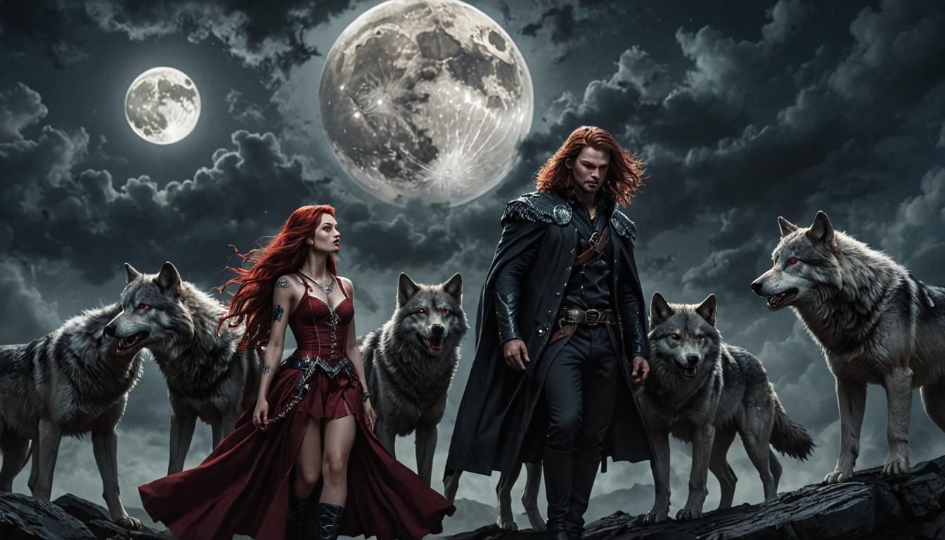 Fantasy Art: Woman, Man, and Wolves Under Moon