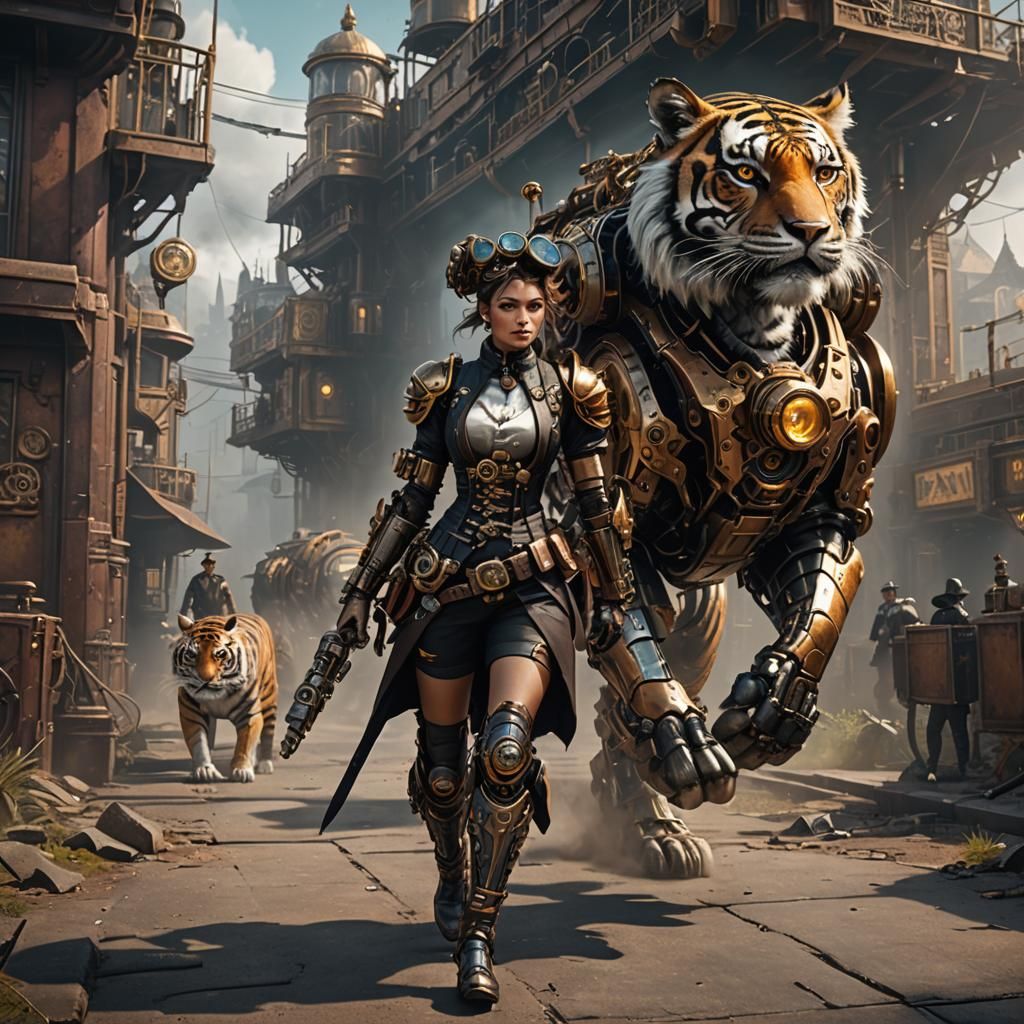 Steampunk Lady Walking a Cyborg Tiger