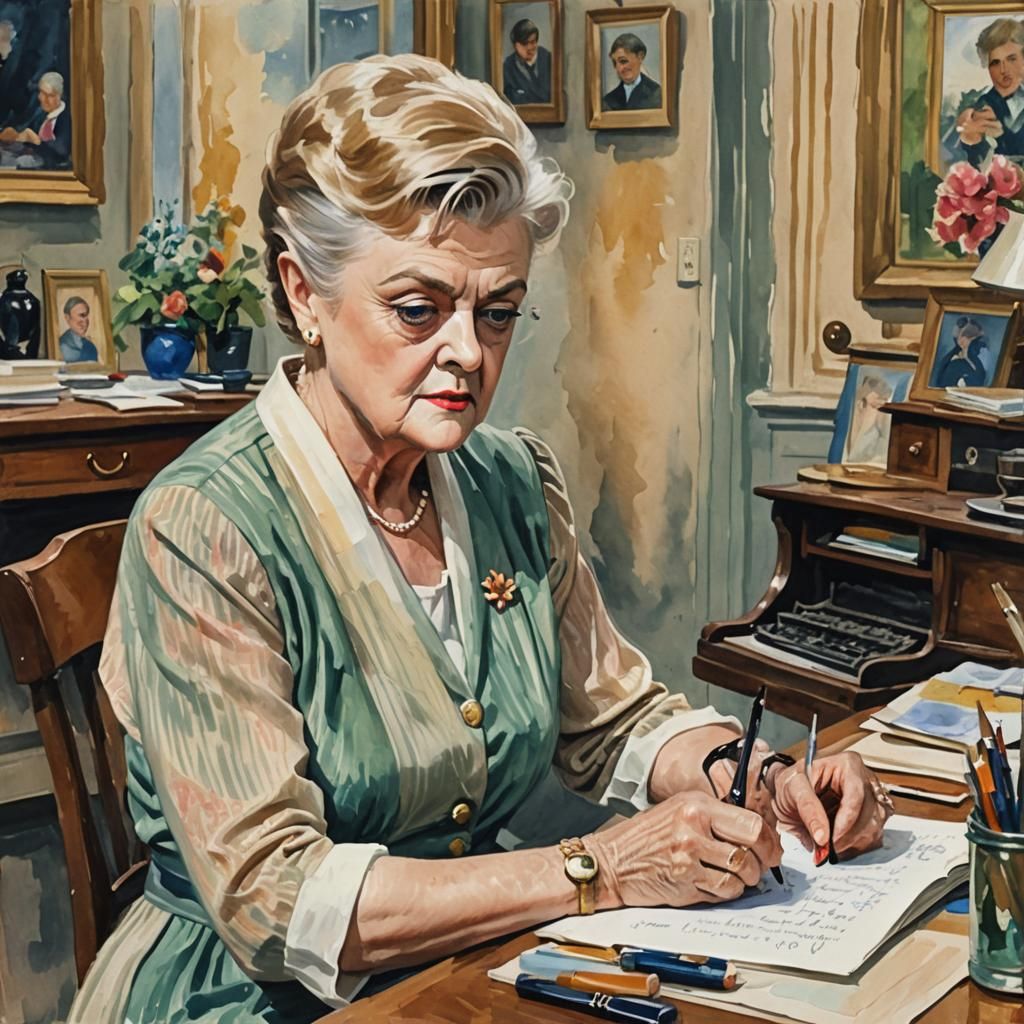 Angela Lansbury Writing: Gouache Watercolor Masterpiece