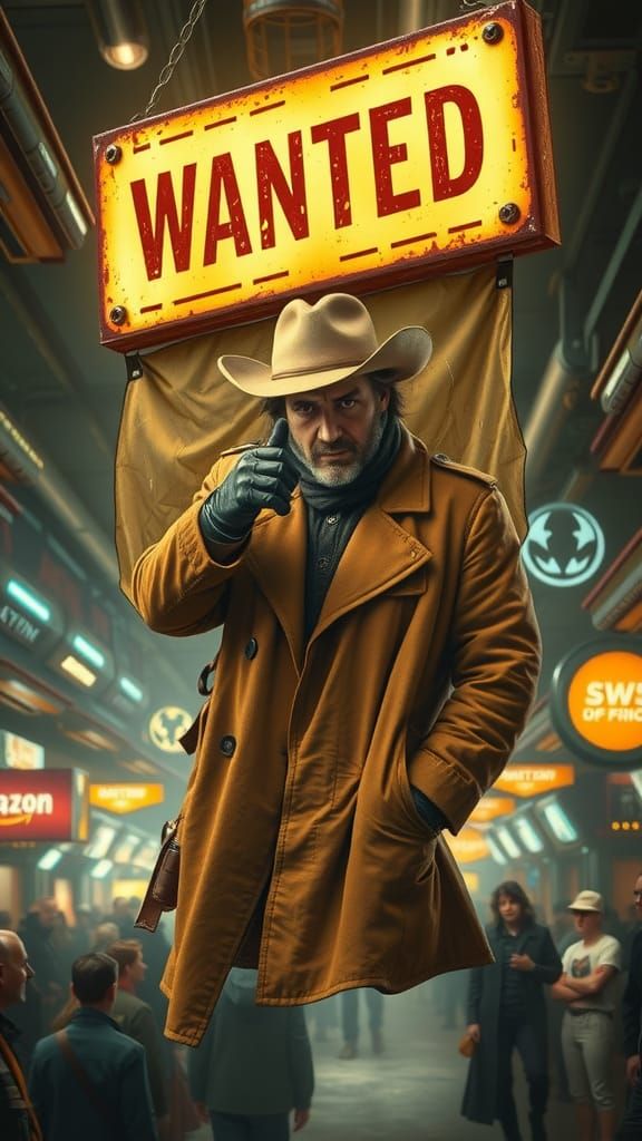 Holographic Wanted Sign: Cowboy in Film Noir Style