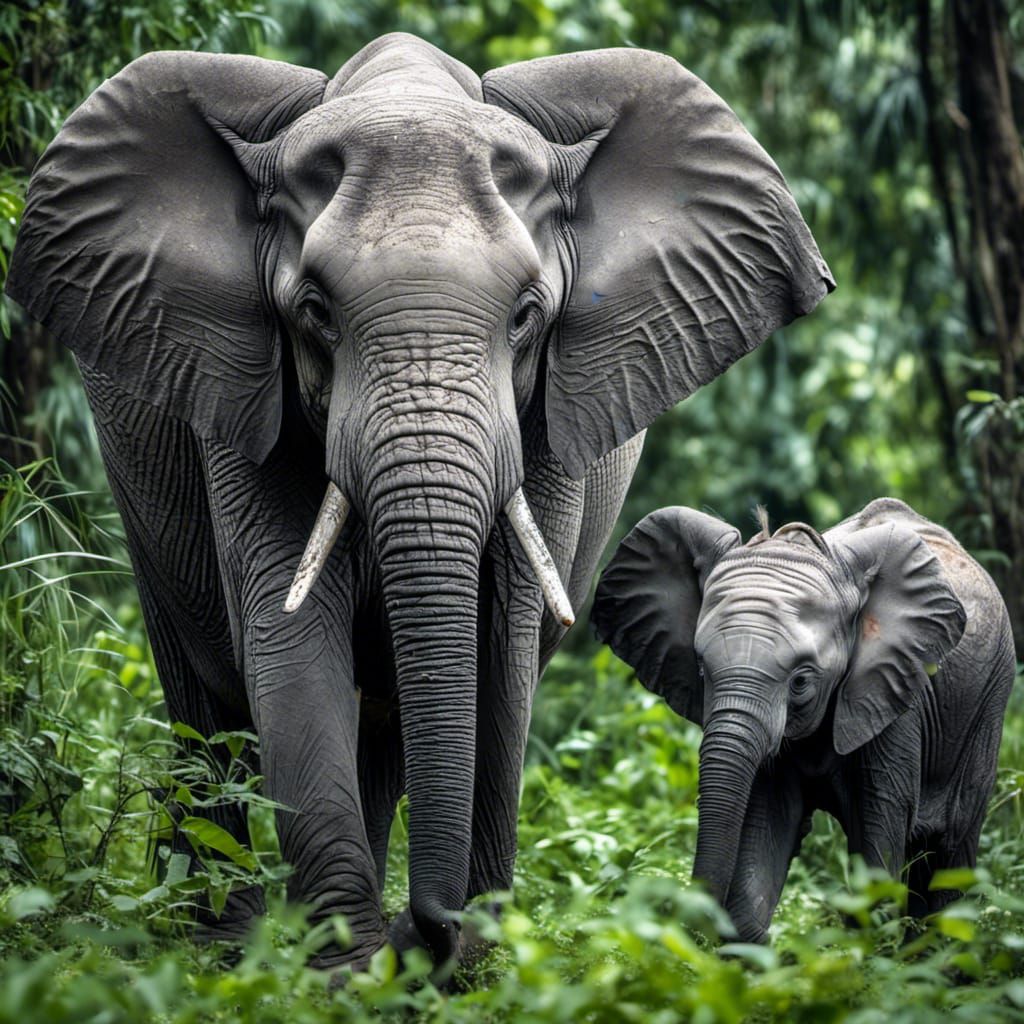 Monochrome Mother and Baby Elephants in Jungle