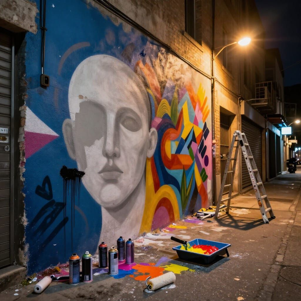 Urban Alley Mural In Progress Under Neon Light