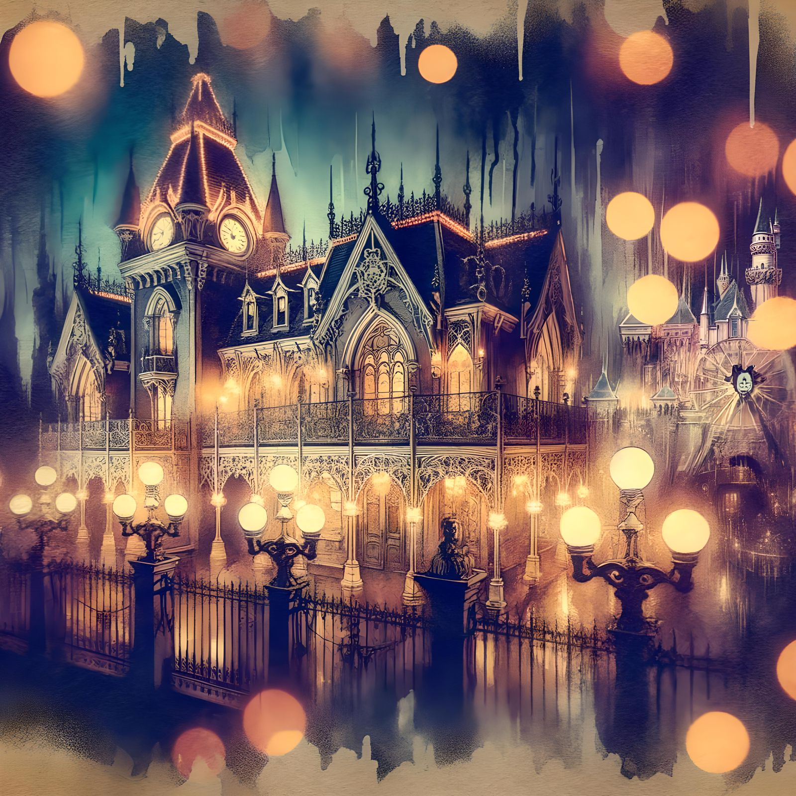 Gothic Theme Park in 19th-Century Watercolor Style