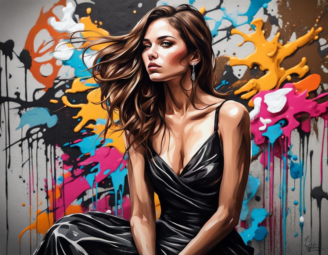 Woman in Black Gala Dress: Graffiti Art Style