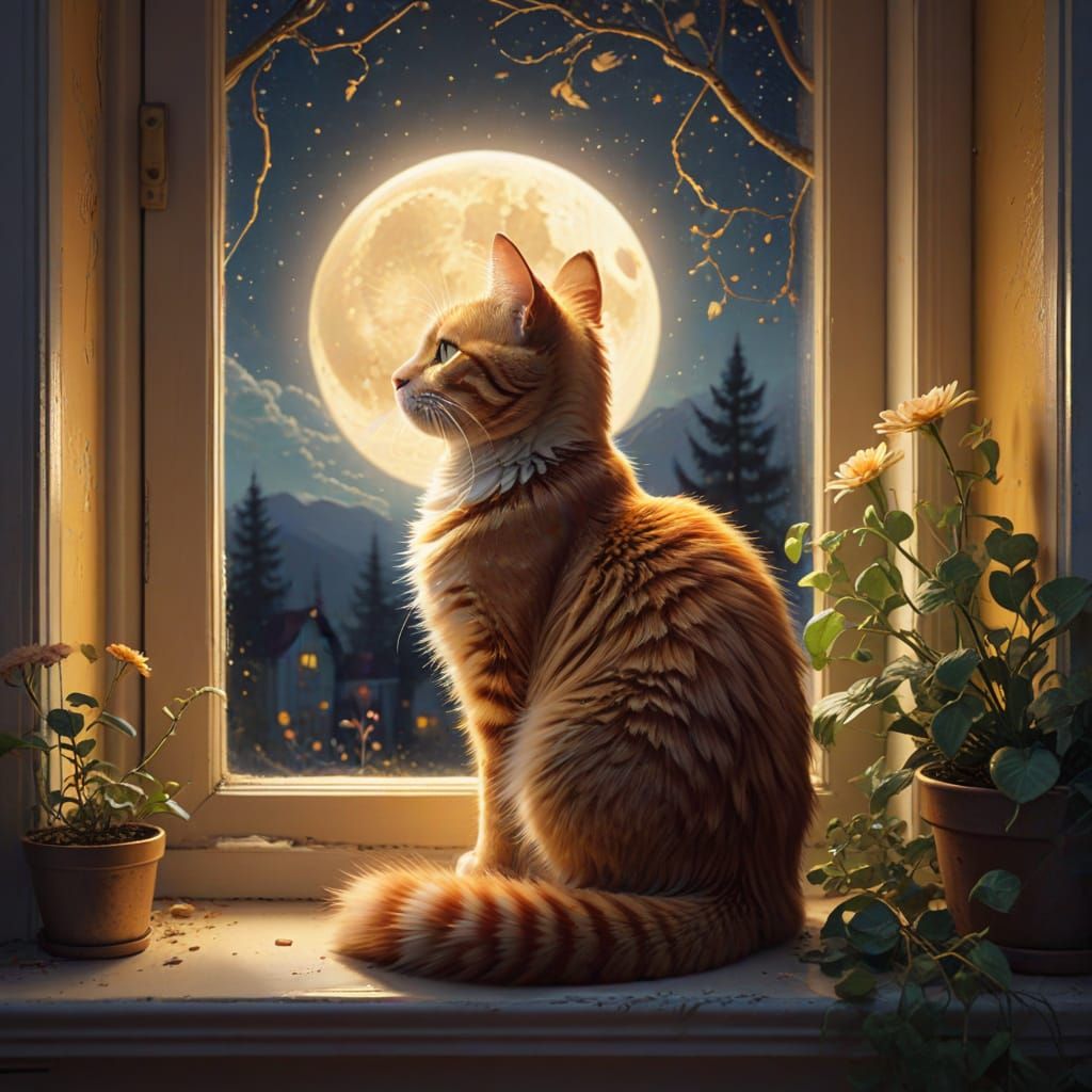 Whimsical Moonlit Cat in a Magical Realism Cartoon