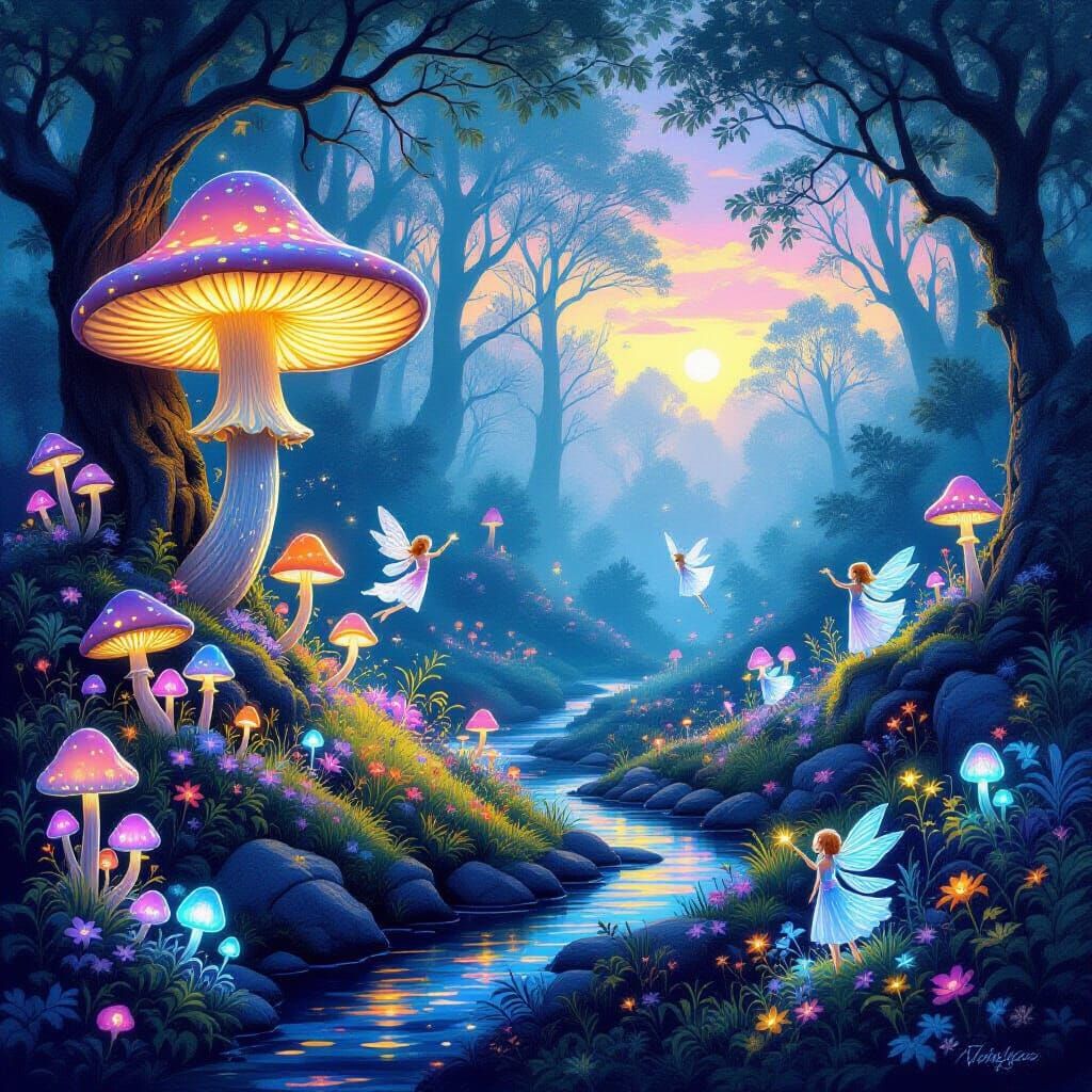 Enchanting Fantasy Landscape with Glowing Flora and Ethereal...