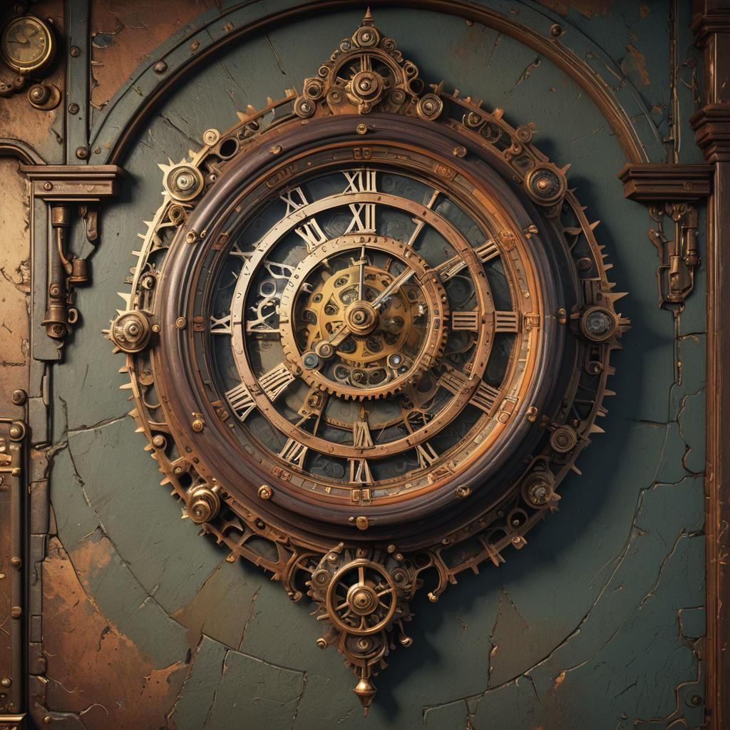 Steampunk Clock in Victorian Living Room, Detailed Matte Pai...