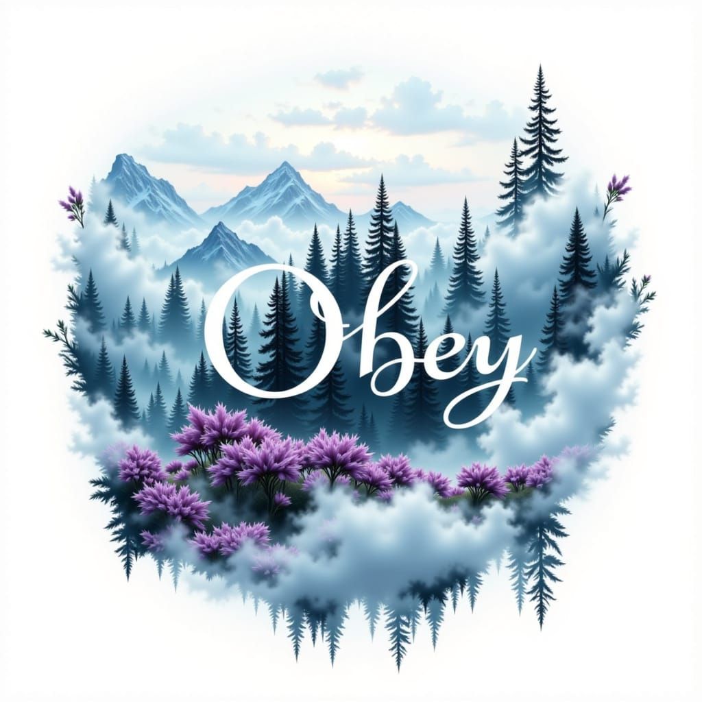 Obey: Double Exposure Word Art on Surreal Landscape