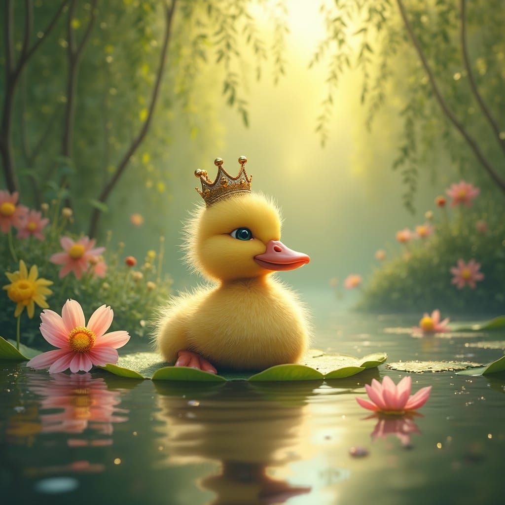Whimsical Duckling in Crown on Lily Pad
