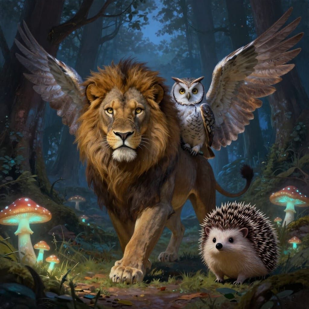 Hybrid Lion Owl Hedgehog Creature in Mystical Forest