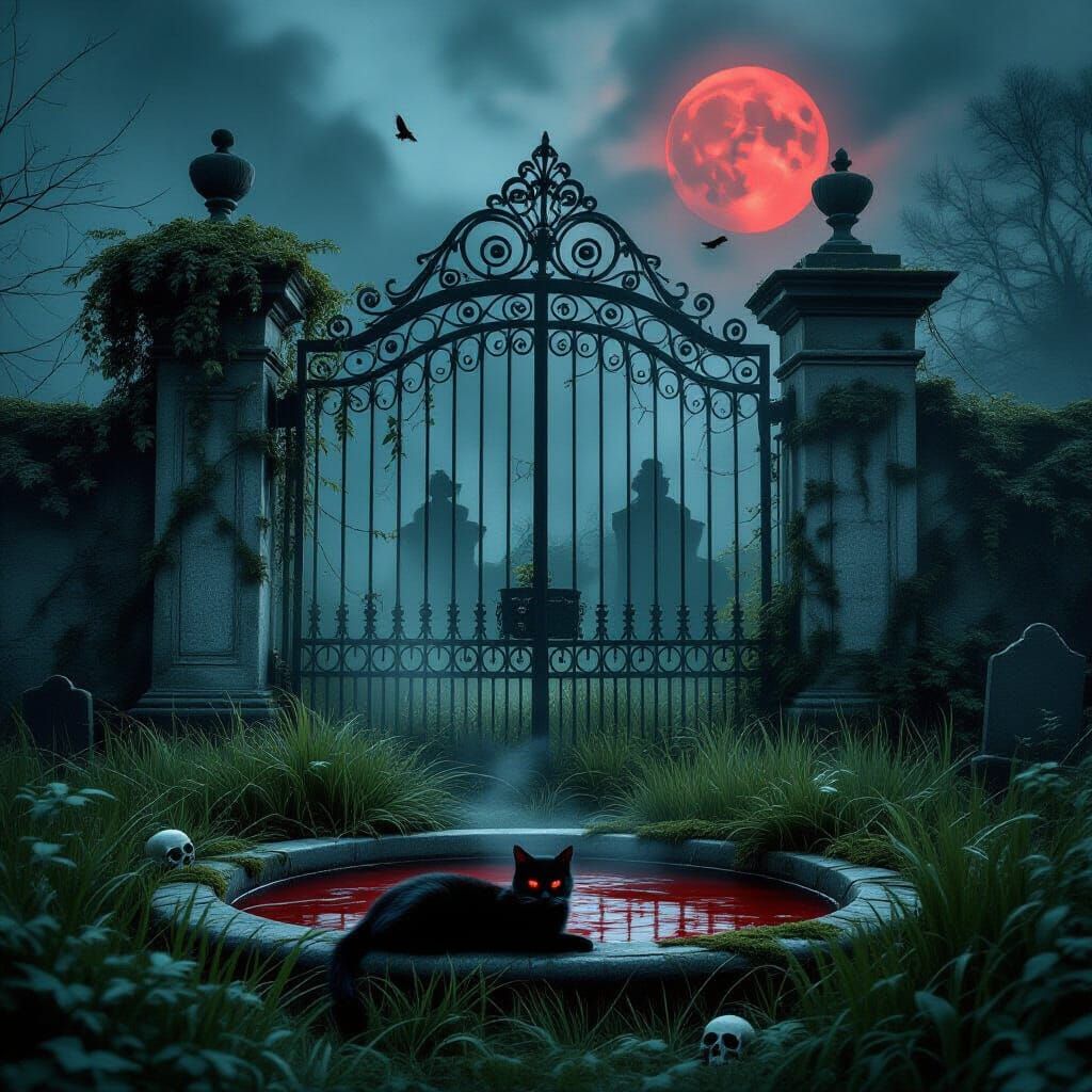 Eerie Abandoned Garden with Skull and Red Moon