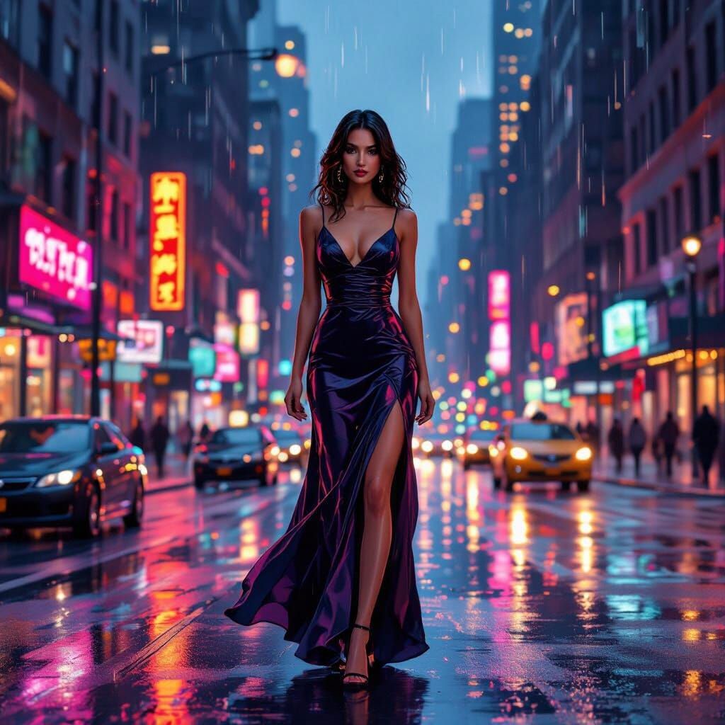 Elegant Woman Walks Rainy New York Street, Digital Art