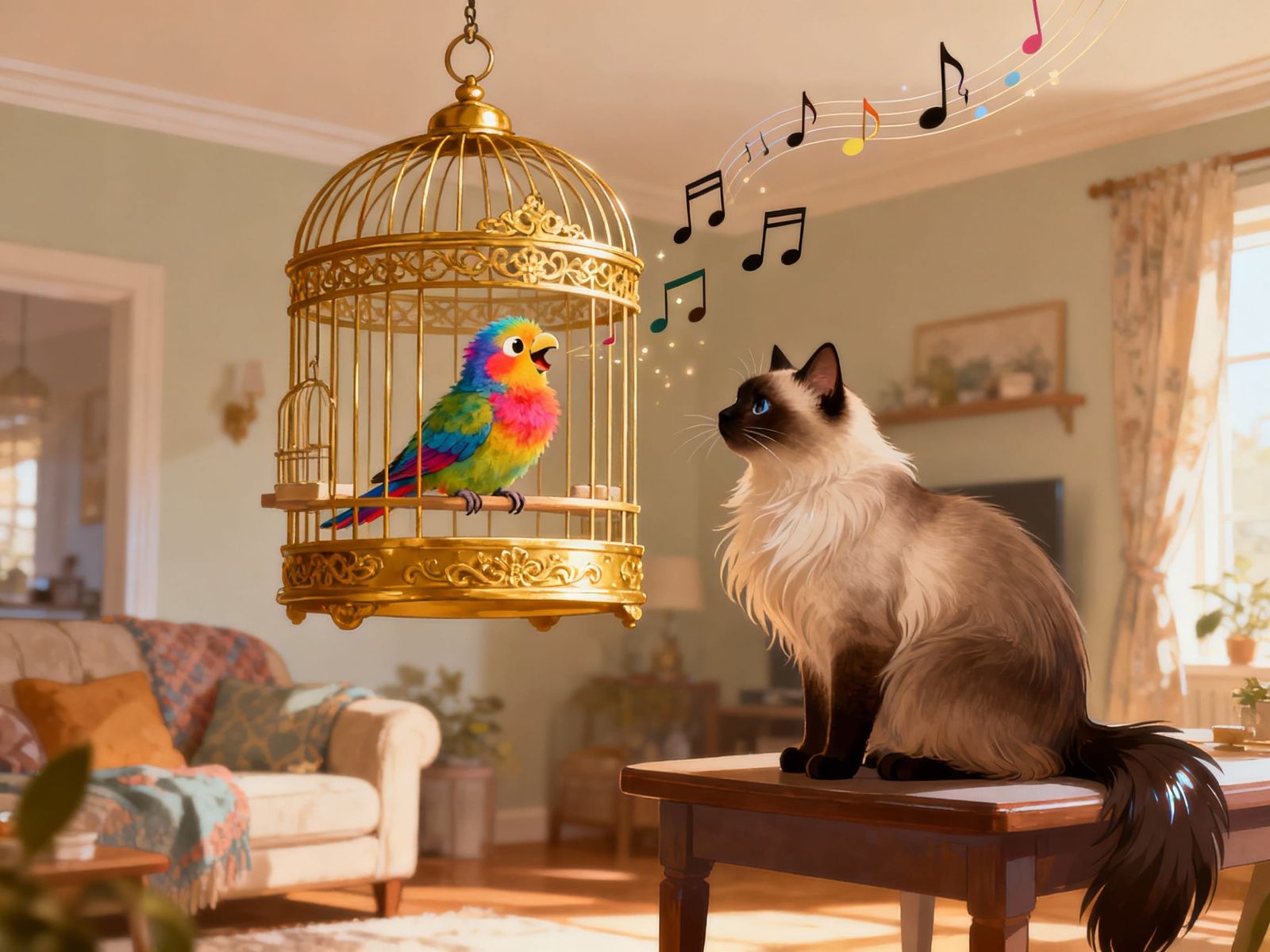 Fluffy Bird in Golden Cage Watched by Siamese Cat