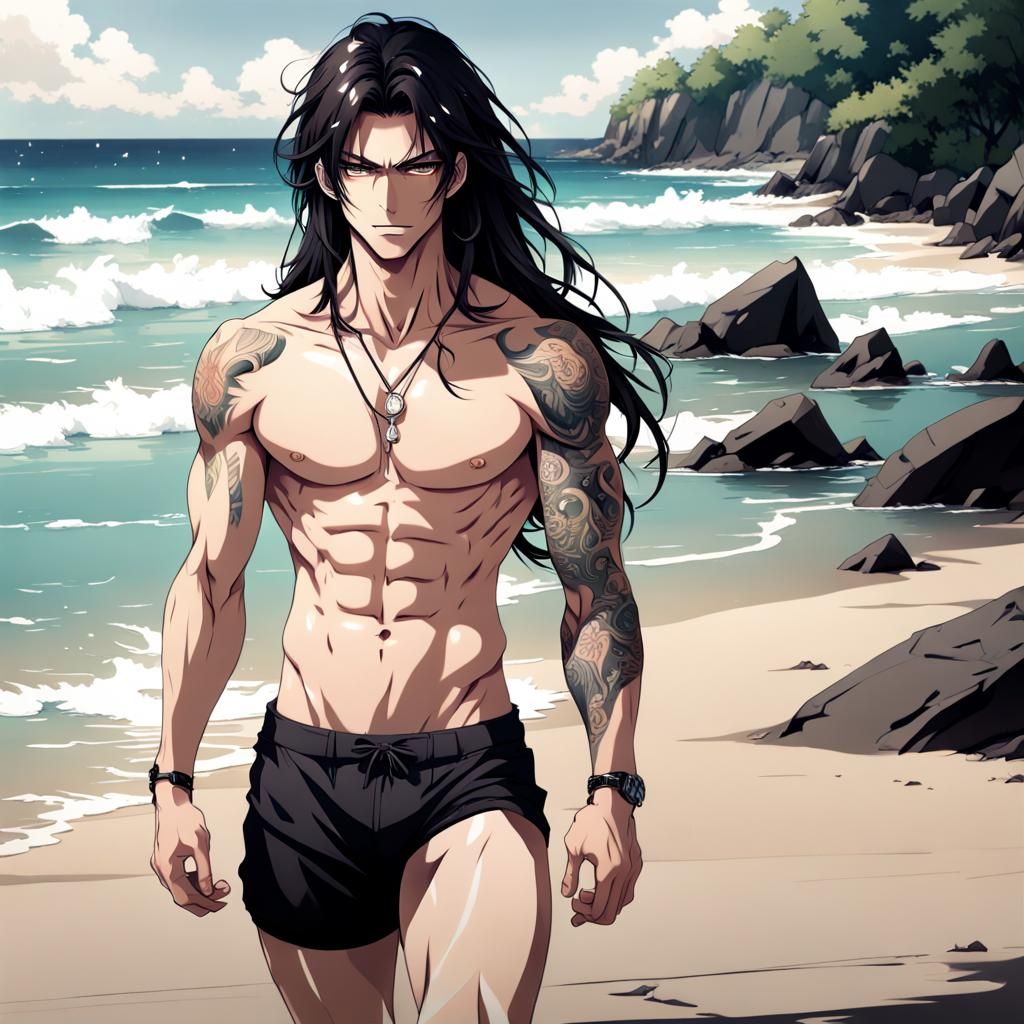 Anime Hot Man with Tattoos on a Summer Beach
