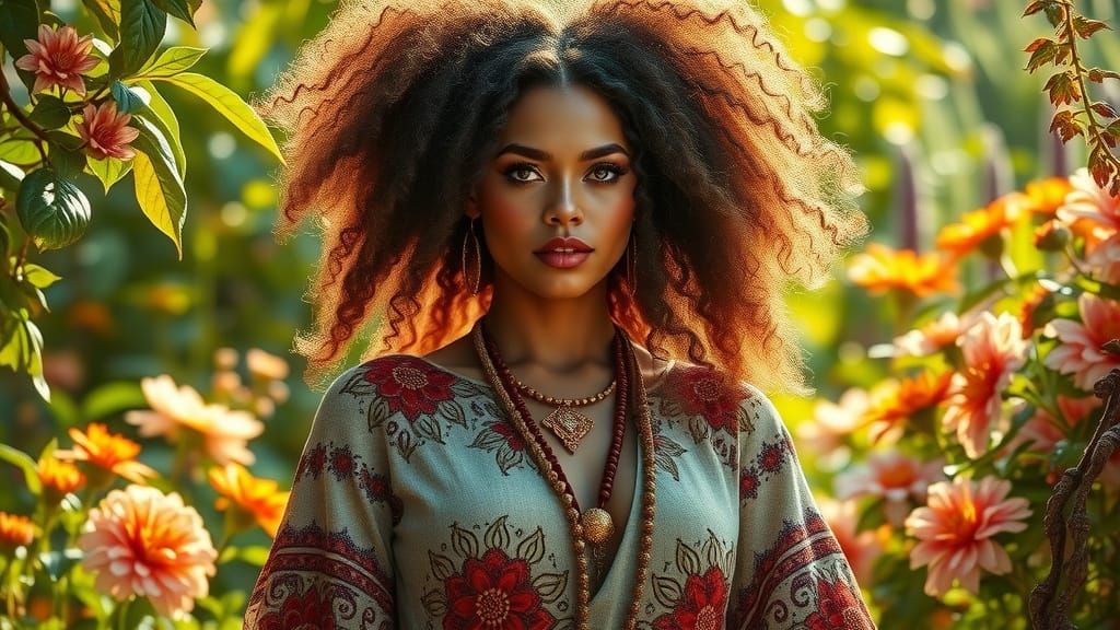 Empowered Goddess in Vibrant Garden Scene