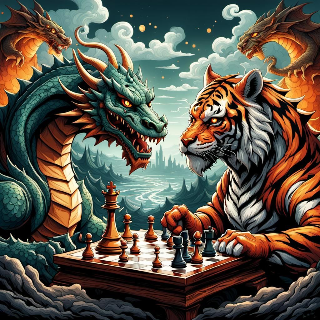 Dragon vs Tiger Chess Match in Comic Book Art