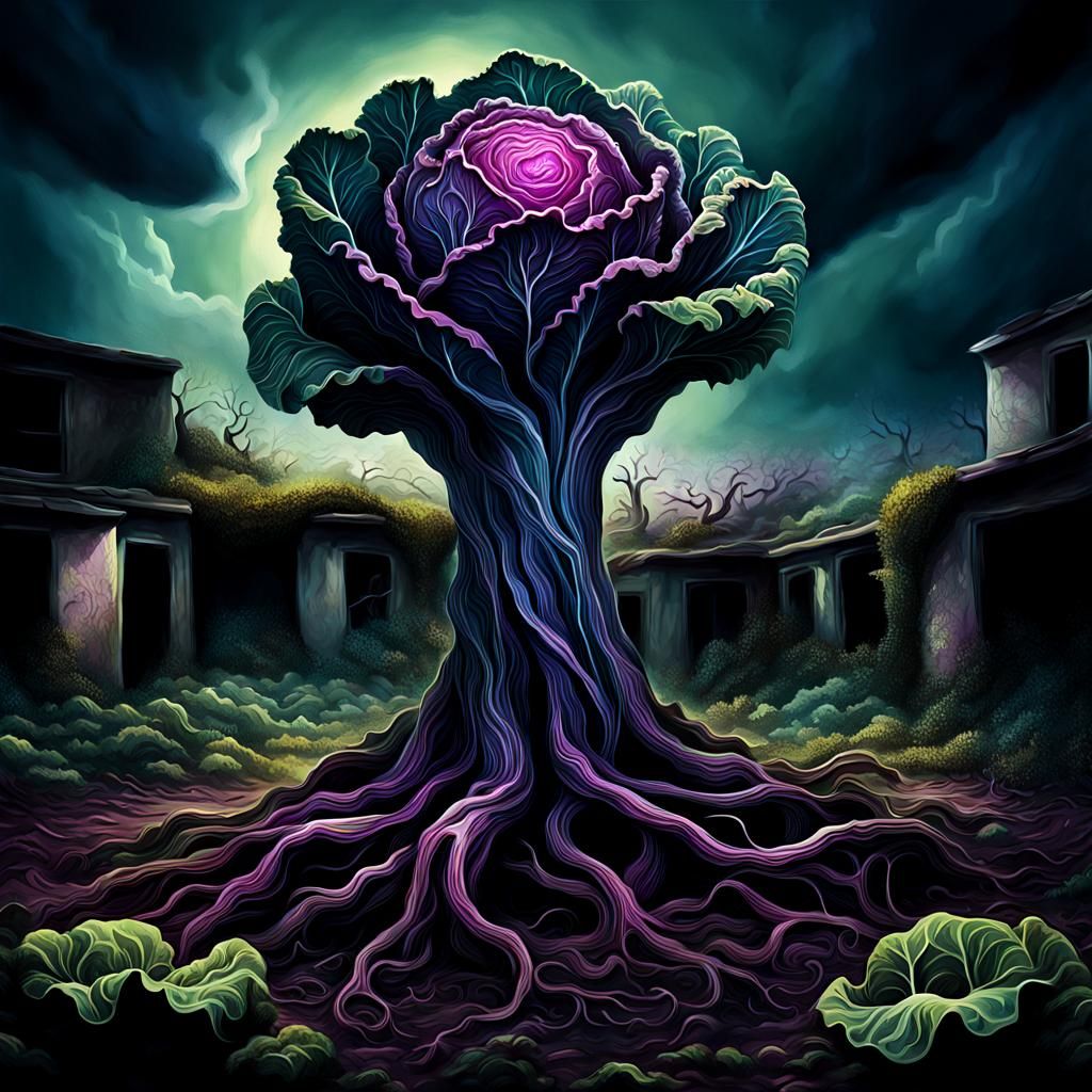 Surreal Glowing Cabbage in Abandoned Garden