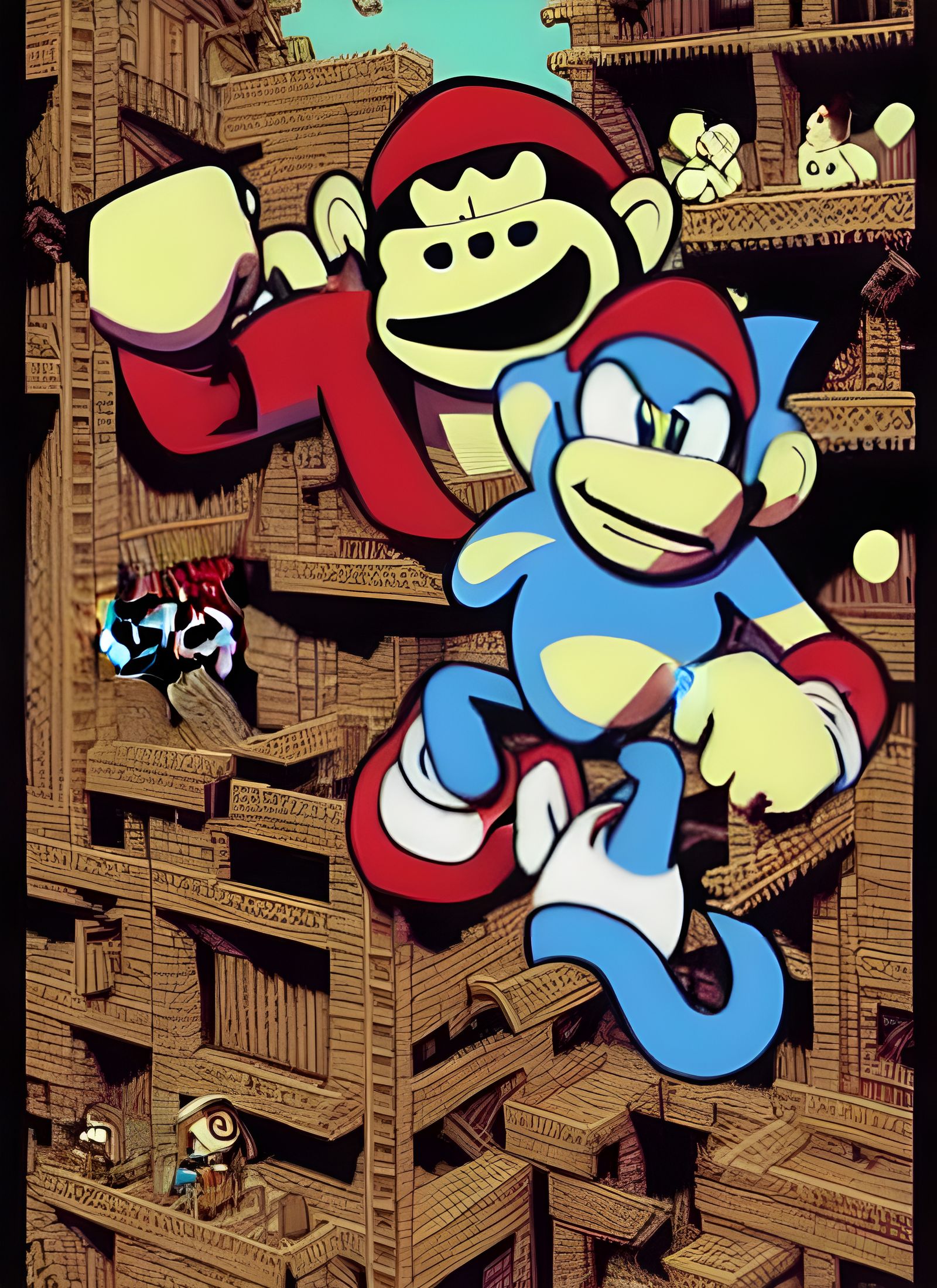 Donkey Kong and Sonic in Banksy Graffiti Style