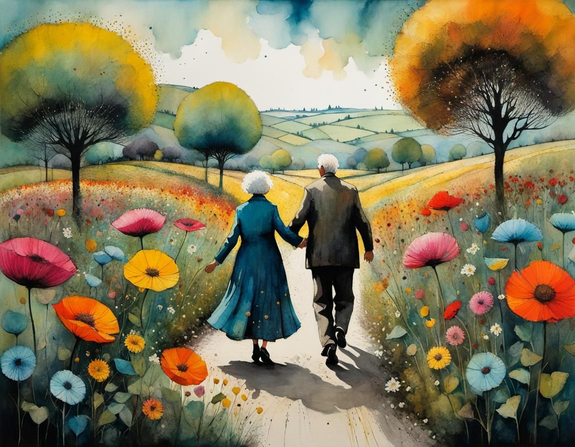 Joyful Old Couple Dancing in Surreal Floral Landscape