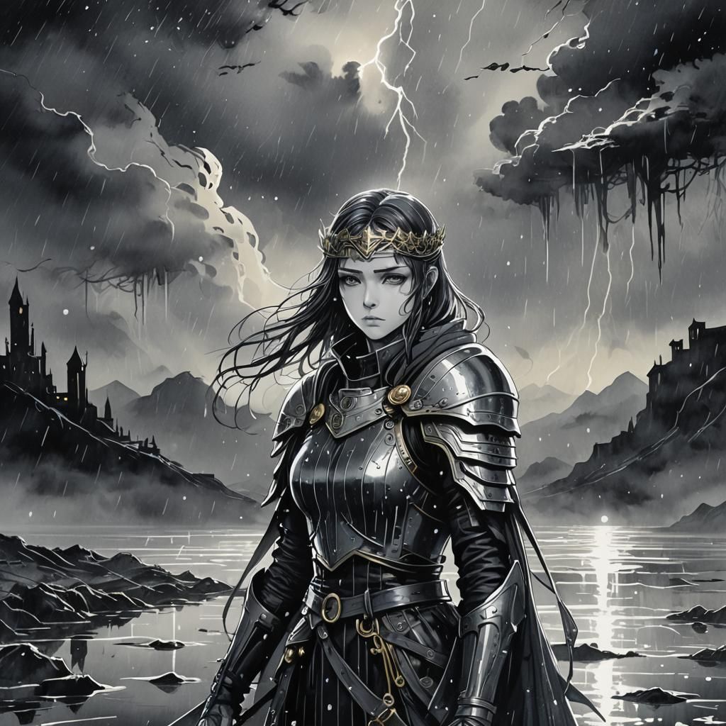 Cyberpunk King Arthur in Dark Waterscape