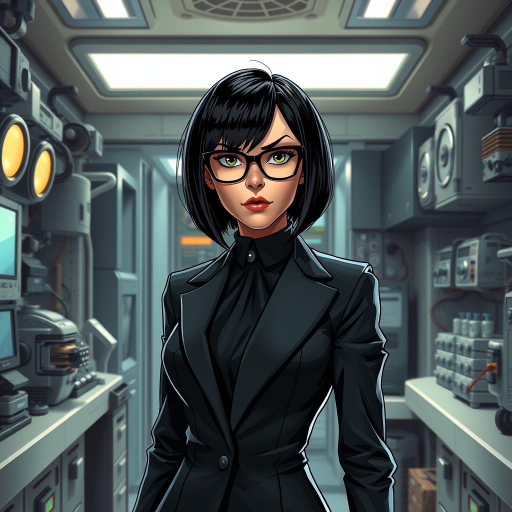 Edna Mode in High-Tech Lab, Photorealistic Style