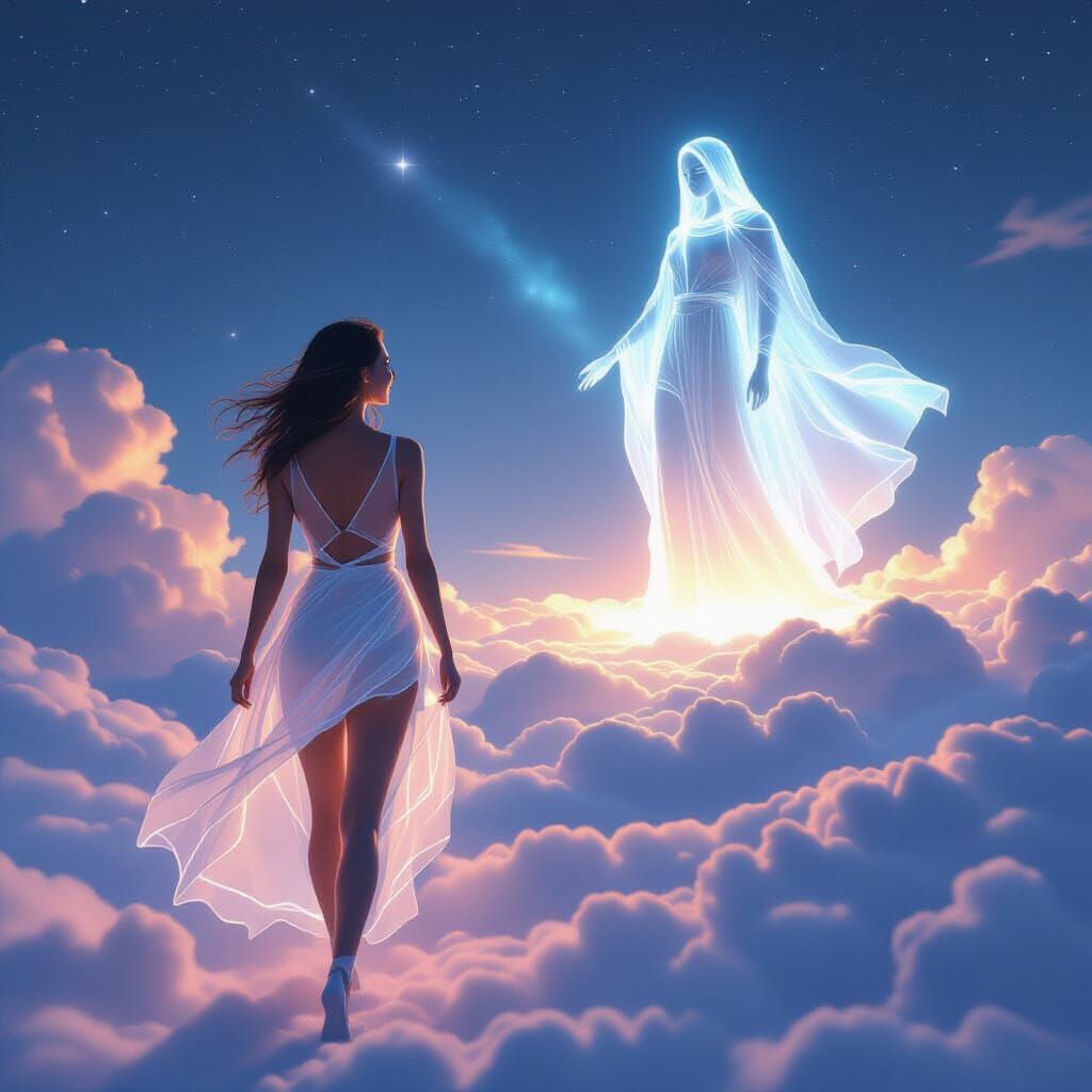 Woman Walking with Celestial Being in Ethereal Lighting
