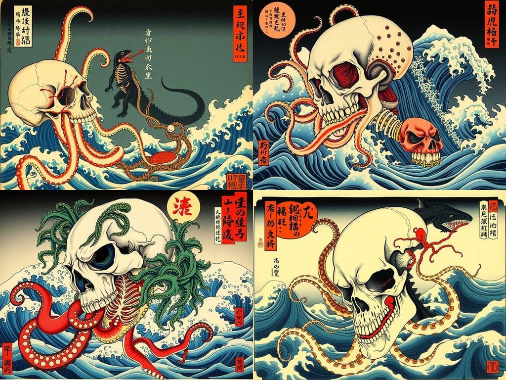 Surreal Japanese Skull Octopus Godzilla Hybrid in Ukiyo-e St...