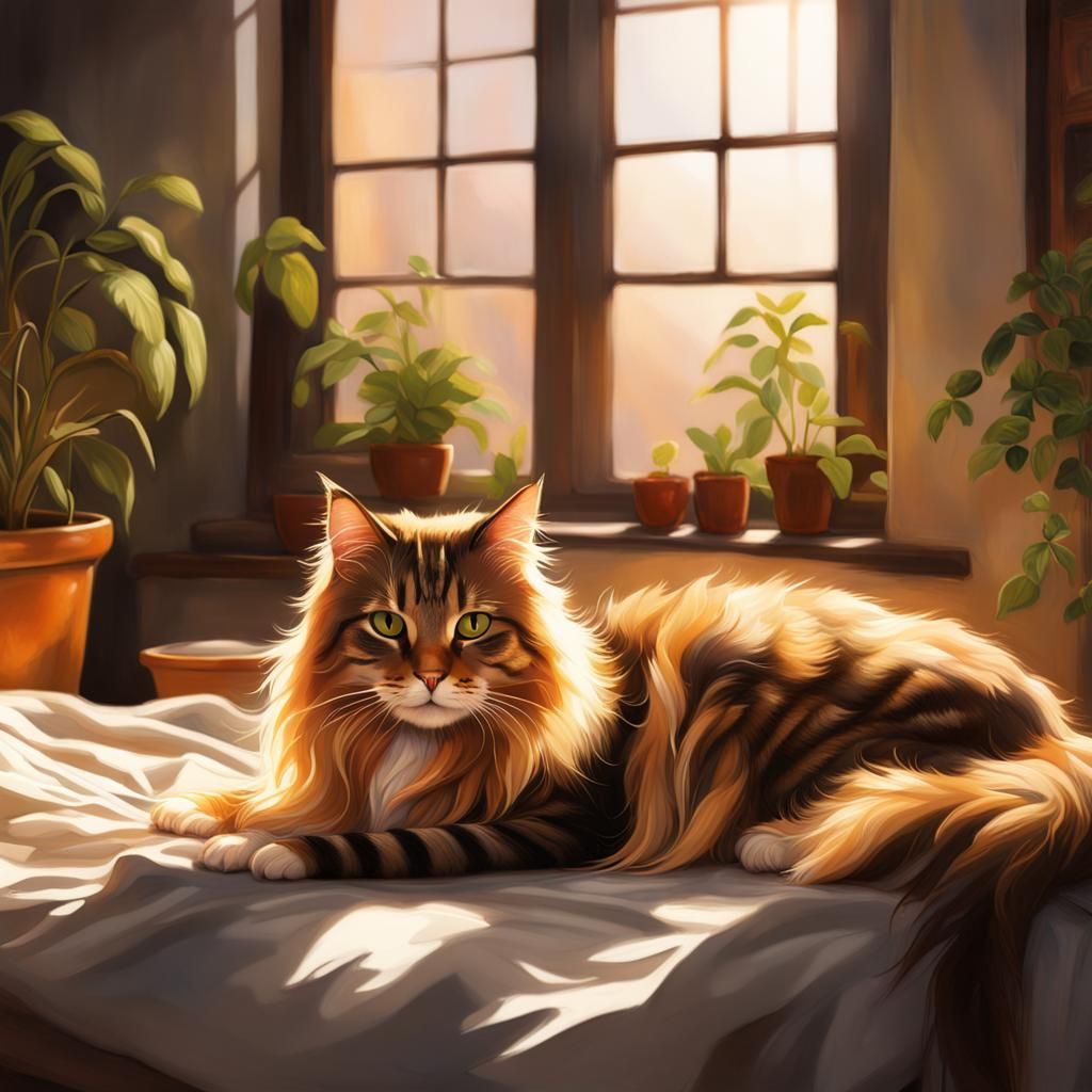 A cherazy cat laying on a bed in the sun