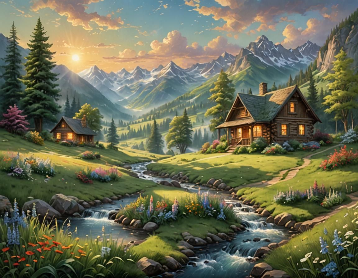 Idyllic Mountain Meadow Cabin at Sunrise