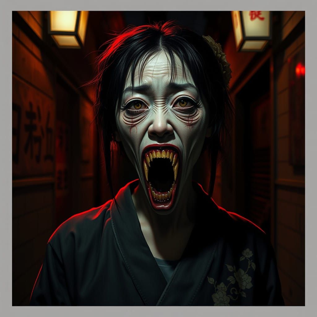 Eerie Kuchisake-onna Emerges in Dark Alleyway