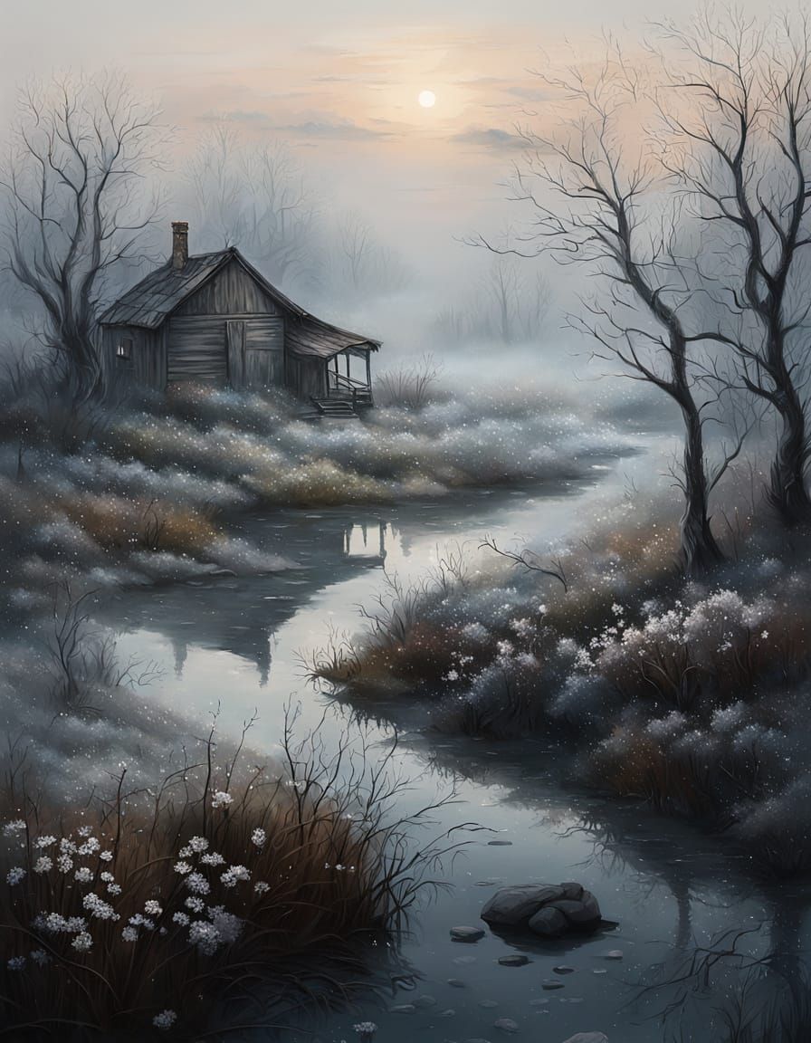 Winter Village in Gentle Light as Oil Painting