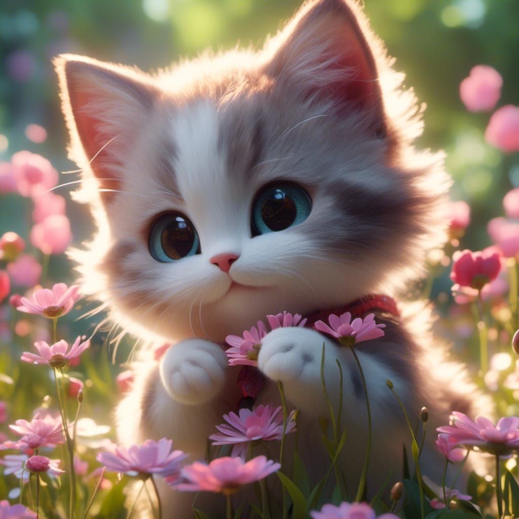 Cute Kitten Smelling Flower in Anime Style